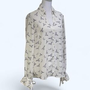 Express The Portofino Blue Ivory Bird Print Blouse Sz S Bows Button-Up Slim Fit